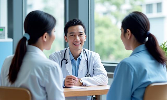 แพทย์กำลังอธิบายผลการตรวจสุขภาพให้คนไข้ฟังในห้องคลินิกที่สะอาด